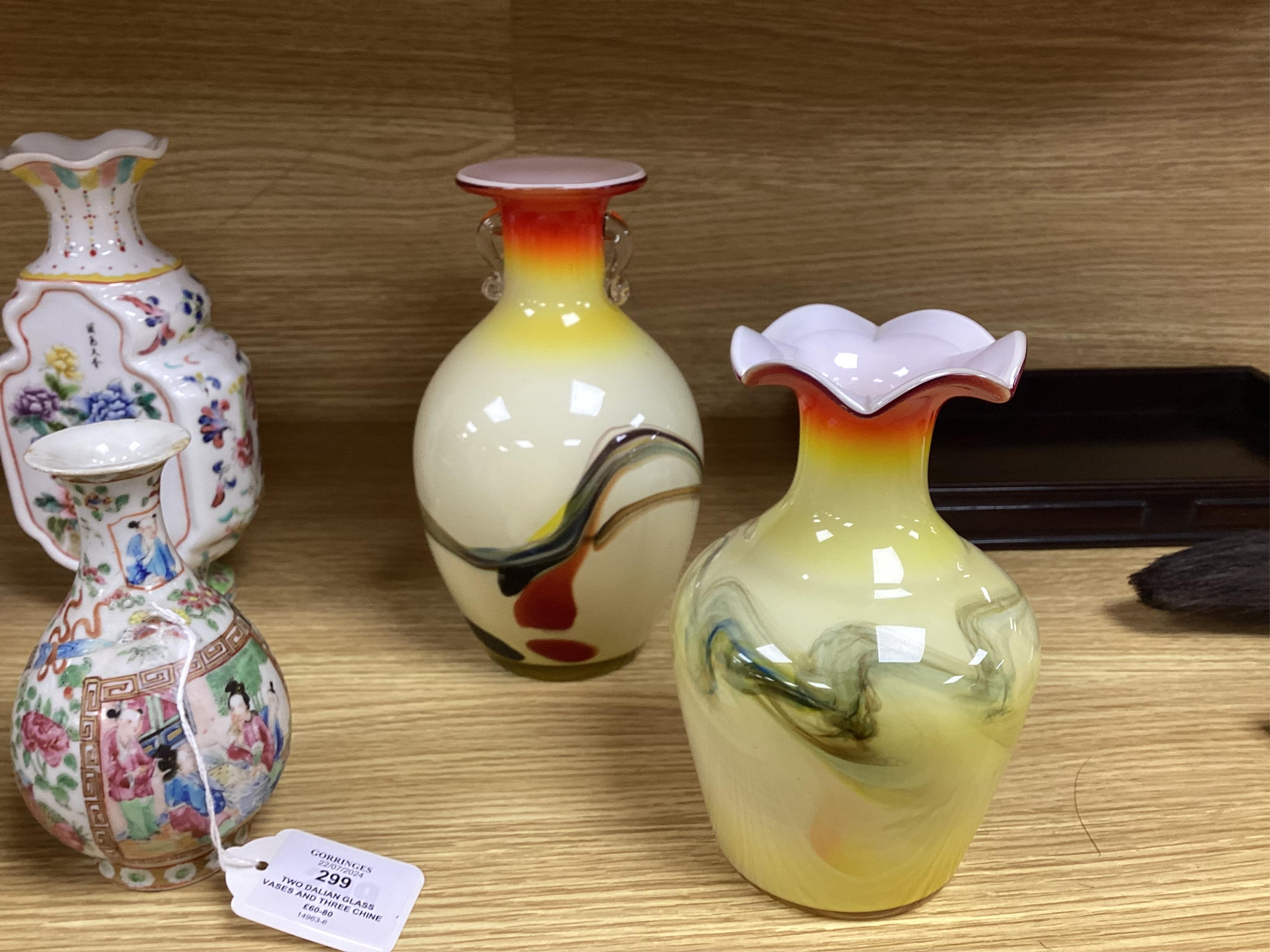 Two Dalian glass vases and three Chinese porcelain vases, 19th/20th century, tallest 19.5cm. Condition - fair